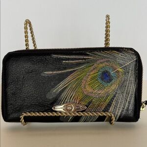 Elliott Lucca Vintage Hand-Painted Peacock Feather Leather Zip Wallet *FLAW*